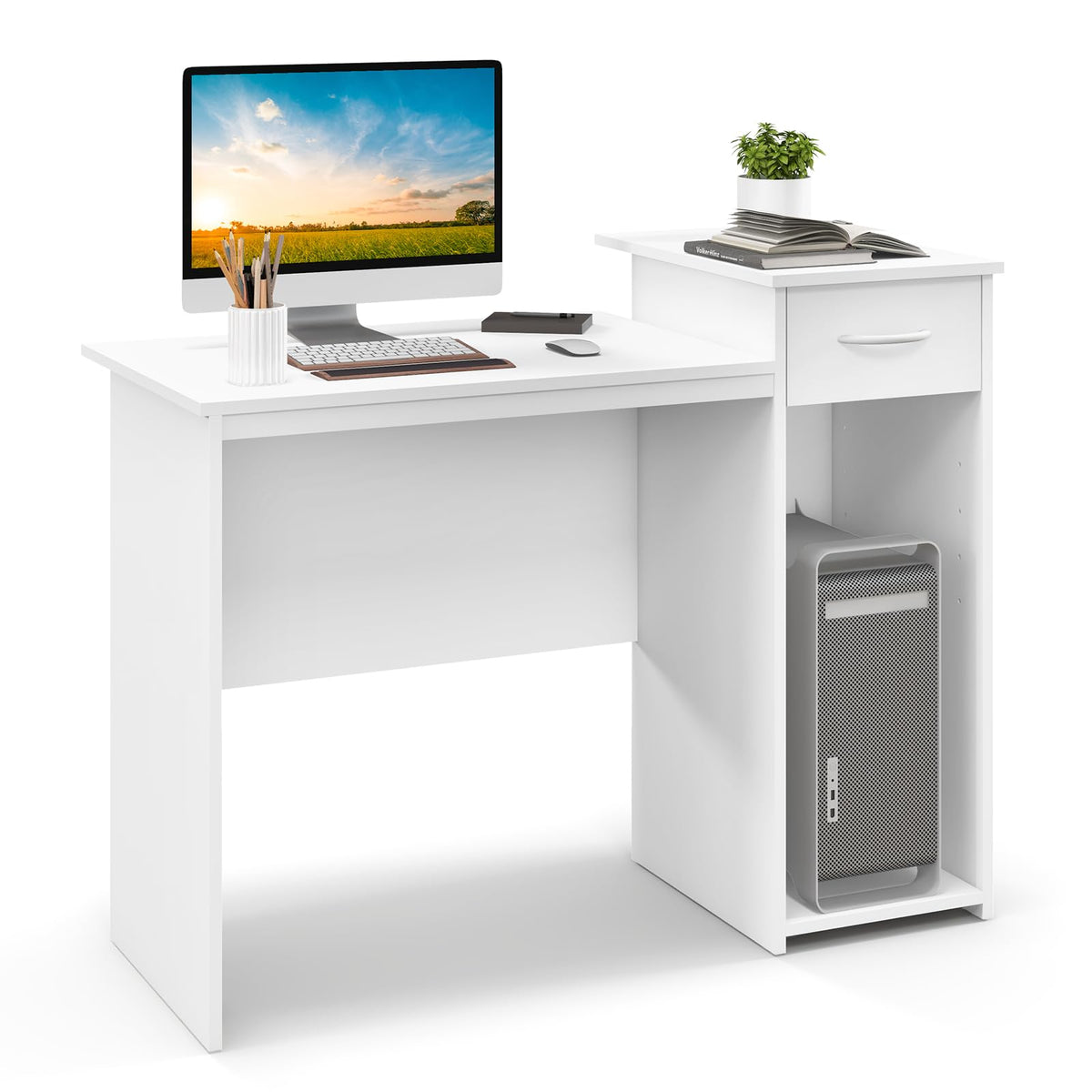 Giantex Computer Desk with Drawer, Modern Laptop PC Desk with Adjustable Shelf & Cable Hole