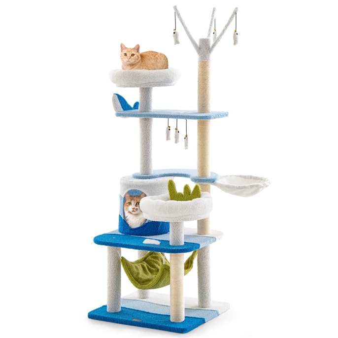 Ocean-Themed Cat Tree, Multi-Level Cat Tower w/Sisal Covered Scratching Posts