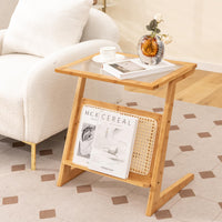 Giantex Z-Shaped End Table w/Magazine Rack, Glass Top Bamboo Side Table