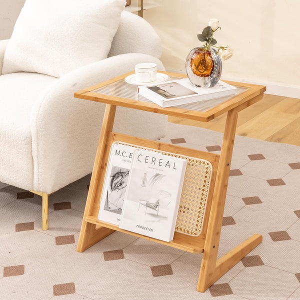 Giantex Z-Shaped End Table w/Magazine Rack, Glass Top Bamboo Side Table