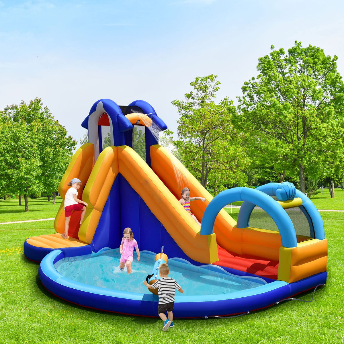 Shark Theme Bouncy House with Slide, Splash Pool, Climbing Wall, Water Gun, Outdoor Jumping Castle with Hose, Carry Bag, Stakes (without Blower)