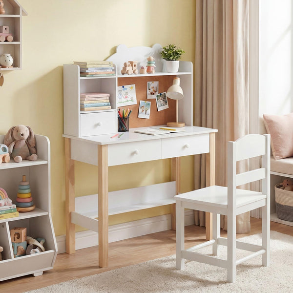 Kids Desk and Chair Set, Wooden Children Study Table with Storage Hutch