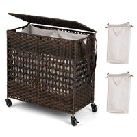 Giantex 110L Laundry Hamper with Lid, Folding Synthetic Rattan Clothes Hamper with 2 Removable & Washable Liner Bags
