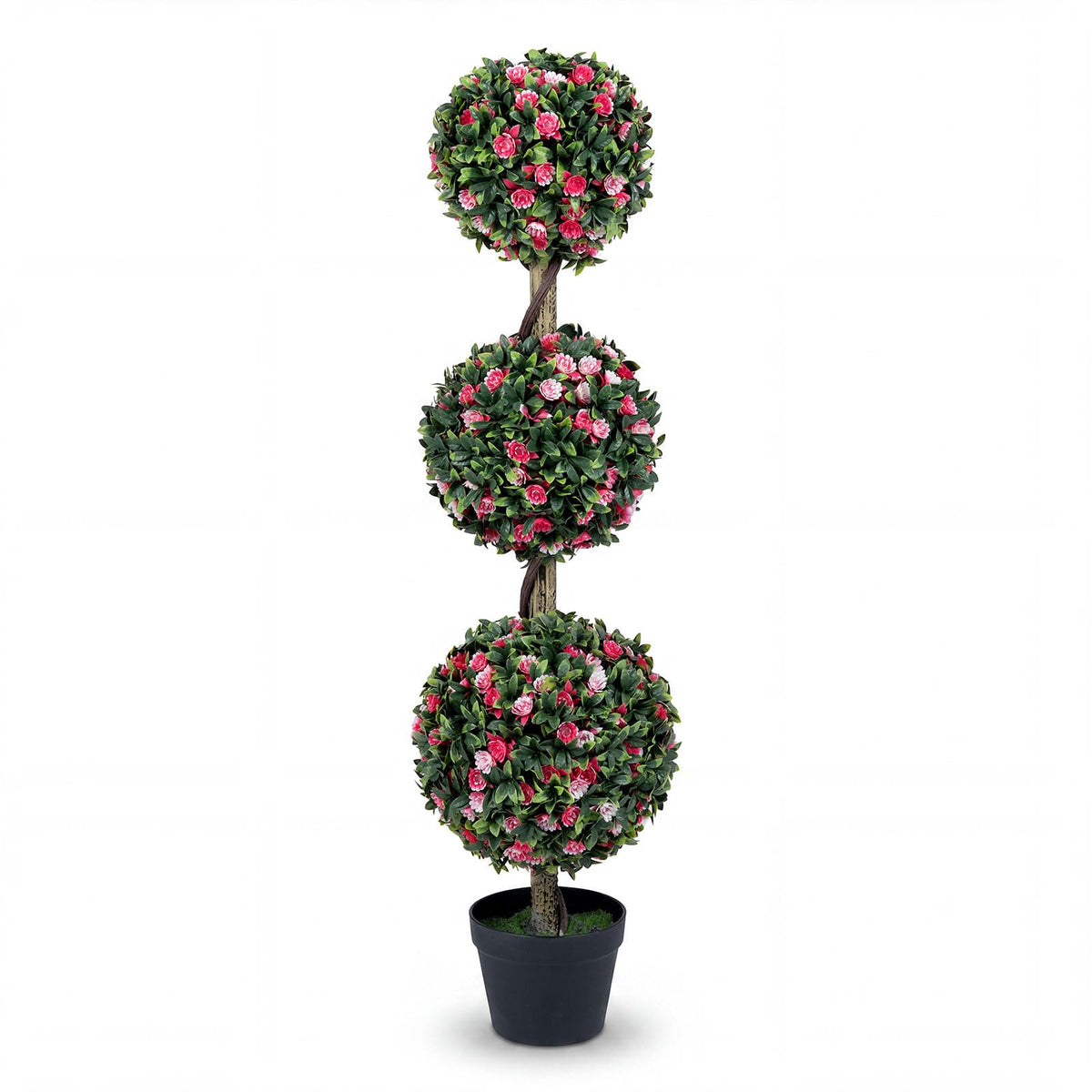 Artificial Triple Ball Rose Topiary Tree, 43.5" Faux Potted Floral Plant
