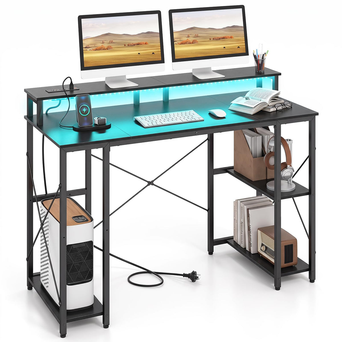 Giantex 120cm Computer Desk with Charging Station and LED Lights