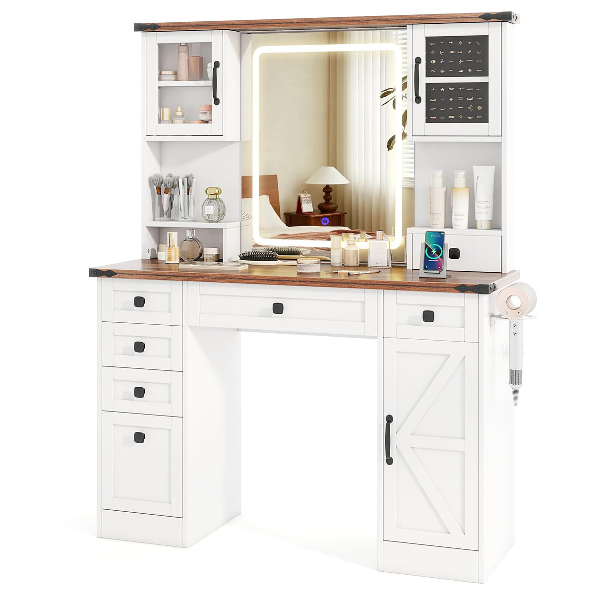 Giantex Farmhouse Vanity Desk with Lighted Mirror