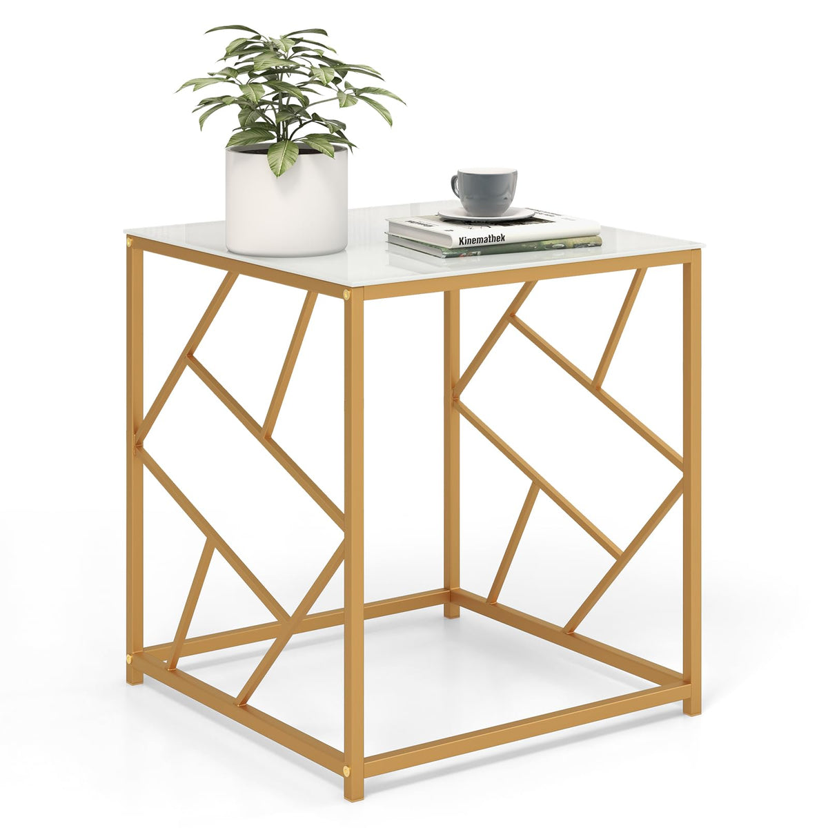 Giantex Square End Table, Modern Side Table with Tempered Glass Tabletop & Gold Finish Geometric Frame