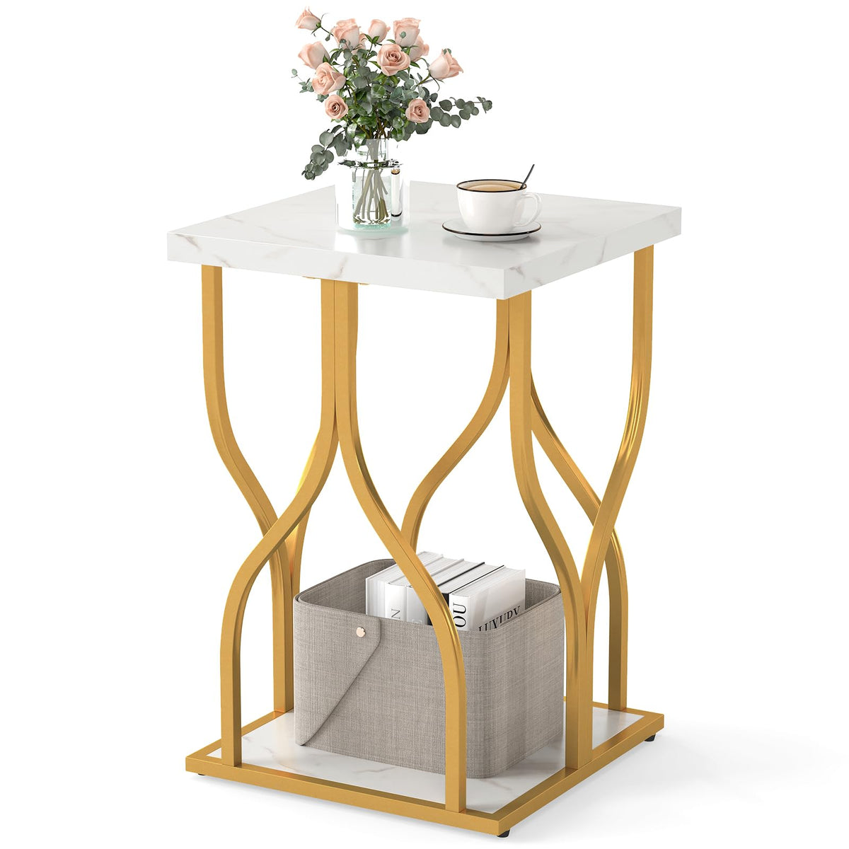 Faux Marble Bedside NightStand with Storage Shelf and Petal-Inspired Metal Frame