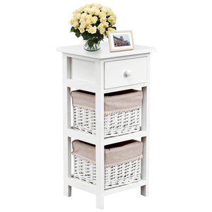 Giantex 3-Tier Bedside Table Paulownia Wood, Bedside Cabinet w/Wooden Drawer & 2 Basket Drawers