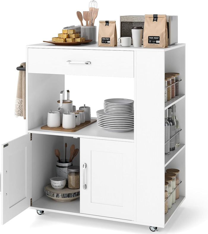 Giantex Kitchen Island Trolley, Rolling Kitchen Serving Trolley w/ 3 Spice Racks, Drawer, Open Shelf & Large Cabinet