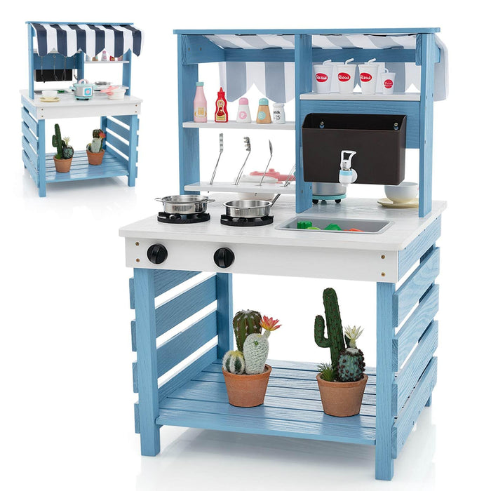 2-In-1 Wooden Mud Kitchen Double-Sided Kids Kitchen Playset with Canopy