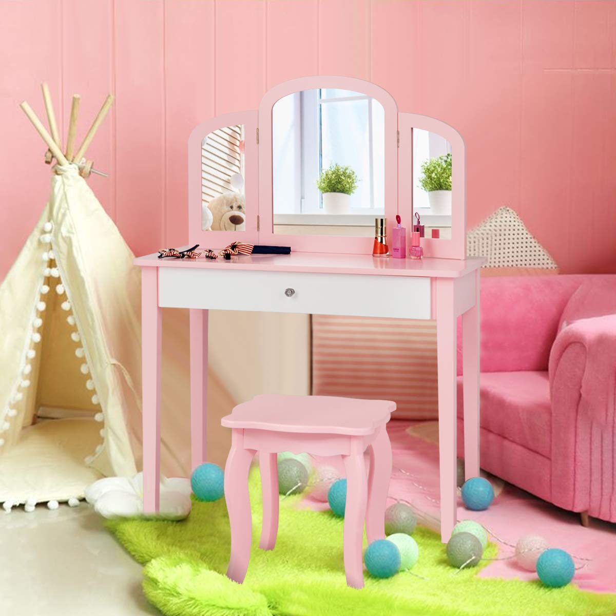 Kids Vanity Table and Chair Set, Princess Makeup Dressing Table with Drawer & Tri-Folding Mirror