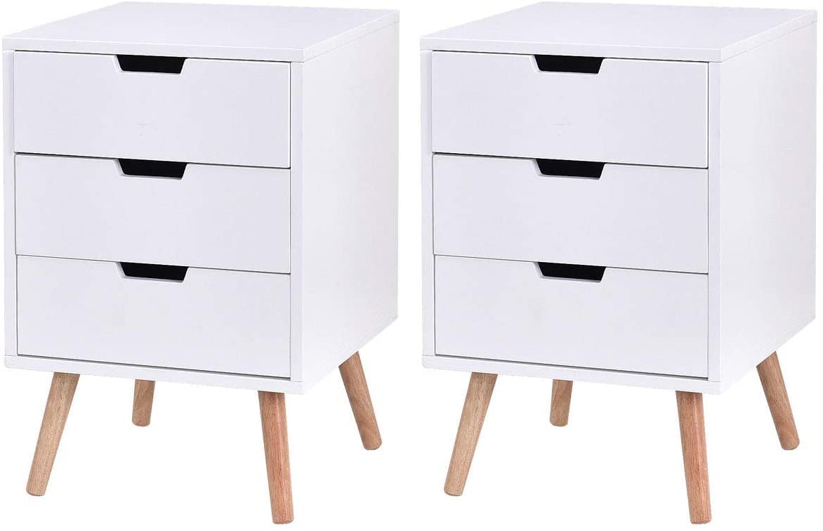 Giantex Modern Nightstand, Solid Wooden End Table Bedside Table, White Side Table with Storage for Living Room