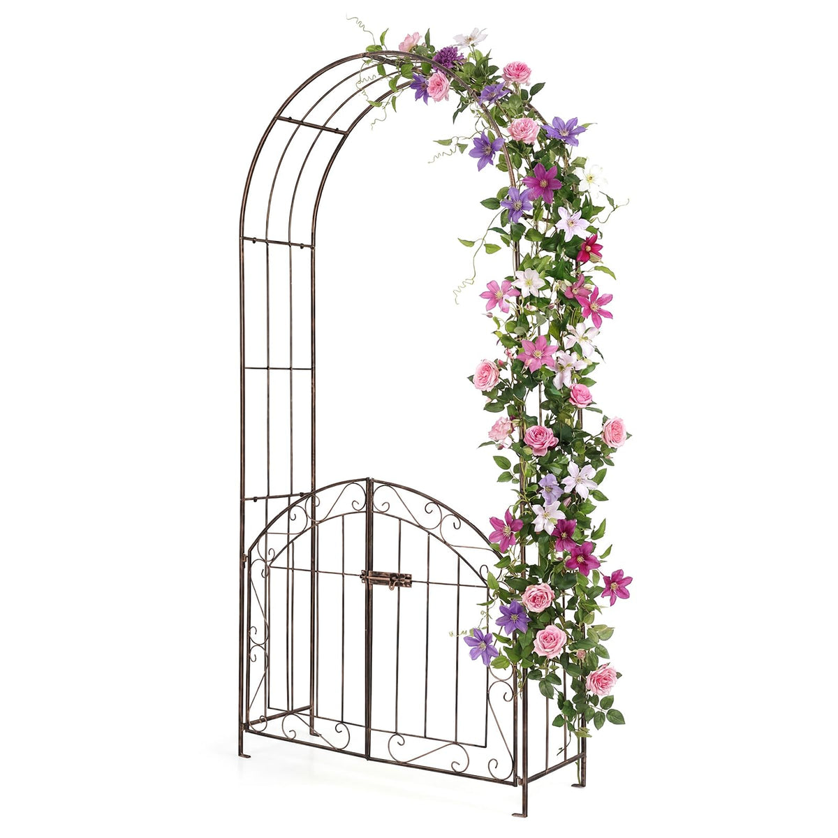 200 cm Garden Arch with Gate, Heavy-Duty Metal Arbor Trellis for Climbing Plants