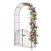 200 cm Garden Arch with Gate, Heavy-Duty Metal Arbor Trellis for Climbing Plants