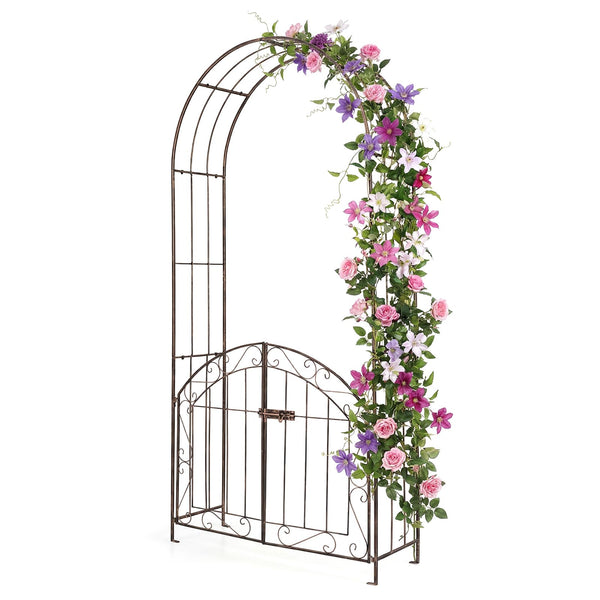 200 cm Garden Arch with Gate, Heavy-Duty Metal Arbor Trellis for Climbing Plants