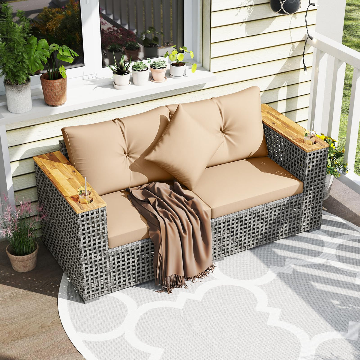 2-Piece Patio Corner Sofa Set Outdoor Sectional Wicker Loveseat with Thick Cushions