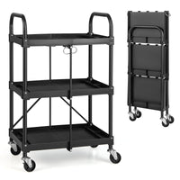 Folding Collapsible Service Cart, 3-Tier Fold Up Rolling Cart with Universal Wheels