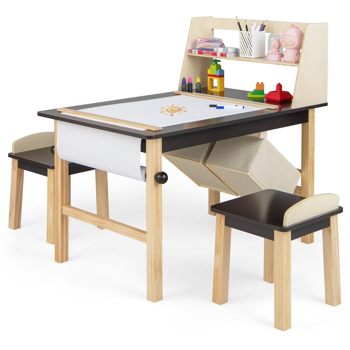Kid's Wooden Art Table and 2 Chairs Set wiht 2-Tier Open Shelf
