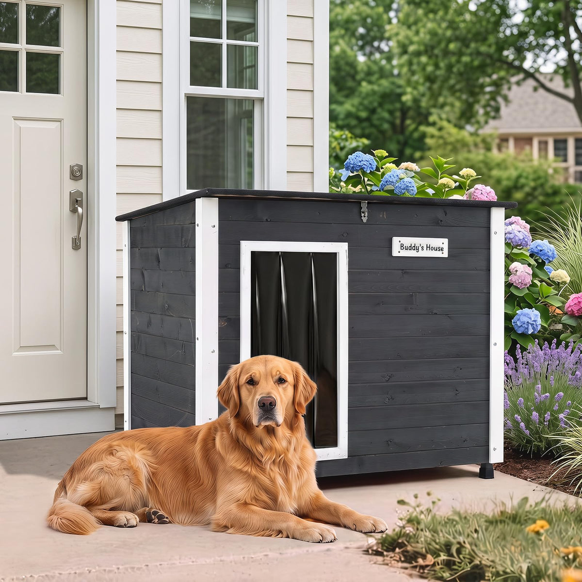 Wooden Dog House Outdoor Weatherproof with PVC Curtain 2 Size