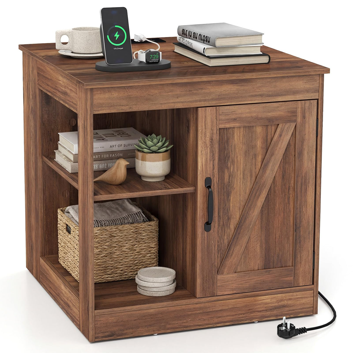 Giantex Farmhouse Nightstand with Charging Station, Bedside Table