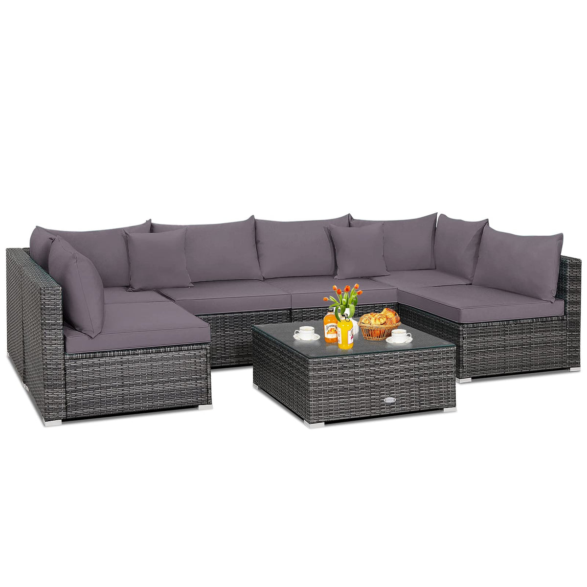 7 Piece Patio Rattan Conversation Set with Seat & Back Cushions for Backyard/Poolside/Balcony