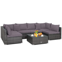 7 Piece Patio Rattan Conversation Set with Seat & Back Cushions for Backyard/Poolside/Balcony