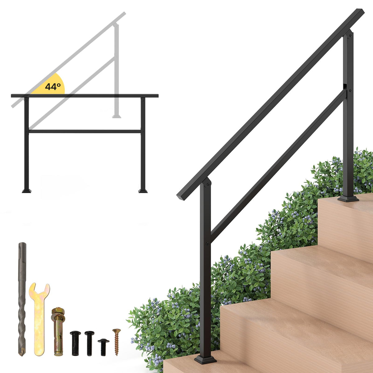 2 Pcs Metal Handrail Fits 0-4 Steps with Flexible Angle Adjustment and Installation Kit for Outdoor Steps