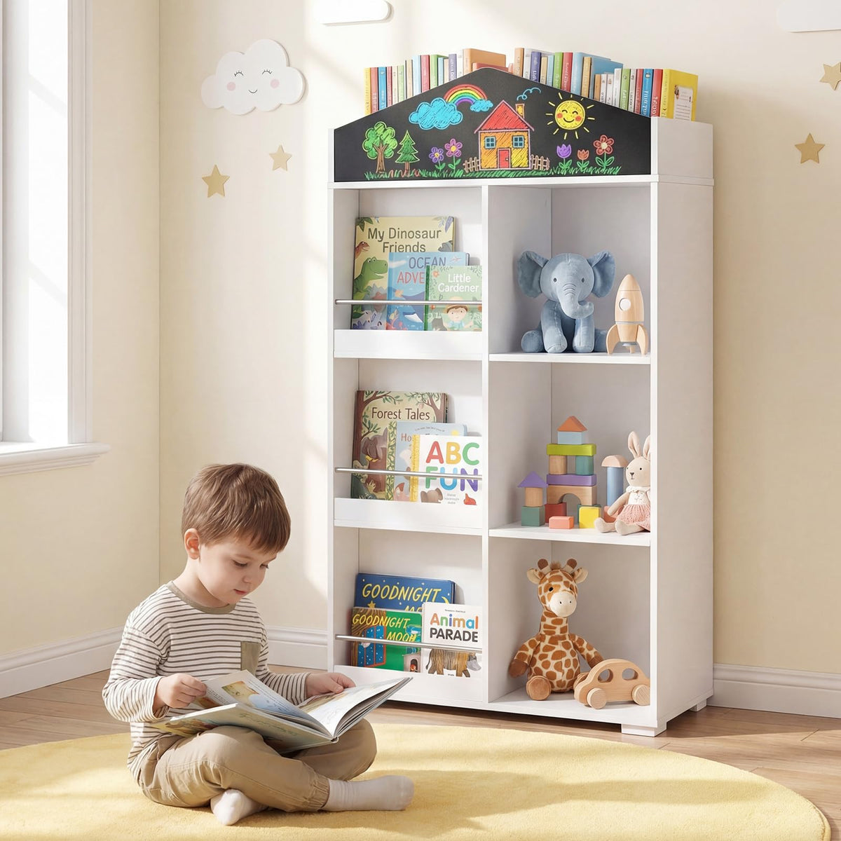 House Shaped Kids Bookshelf, Toy Storage Organizer w/Compartments & Chalkboard