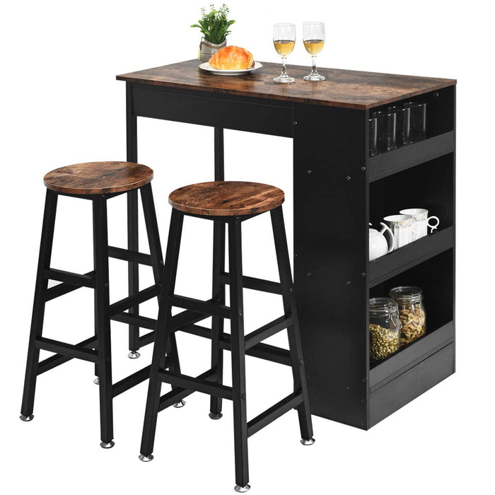 Giantex 3PCS Bar Table Set, Industrial Counter Height Table Set with 2 Bar Stools, Wooden Kitchen Dining Table Kit w/ 3-tier Side Shelf