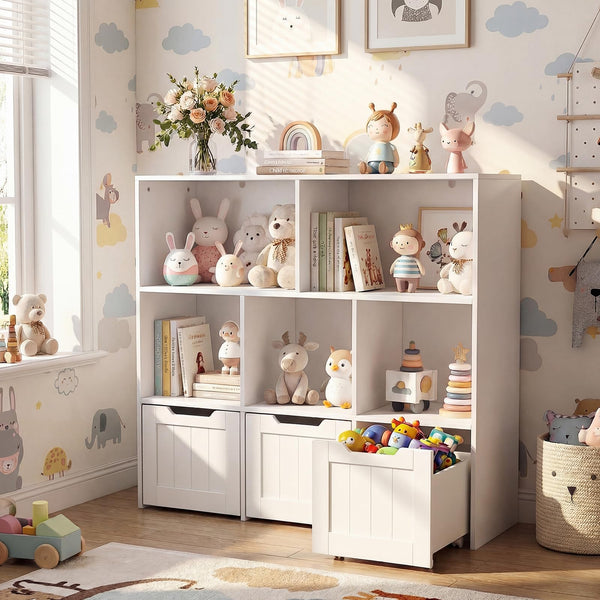 Kids Toy Storage Organizer, Children Bookshelf Toy Chest Box w/3 Movable Drawers