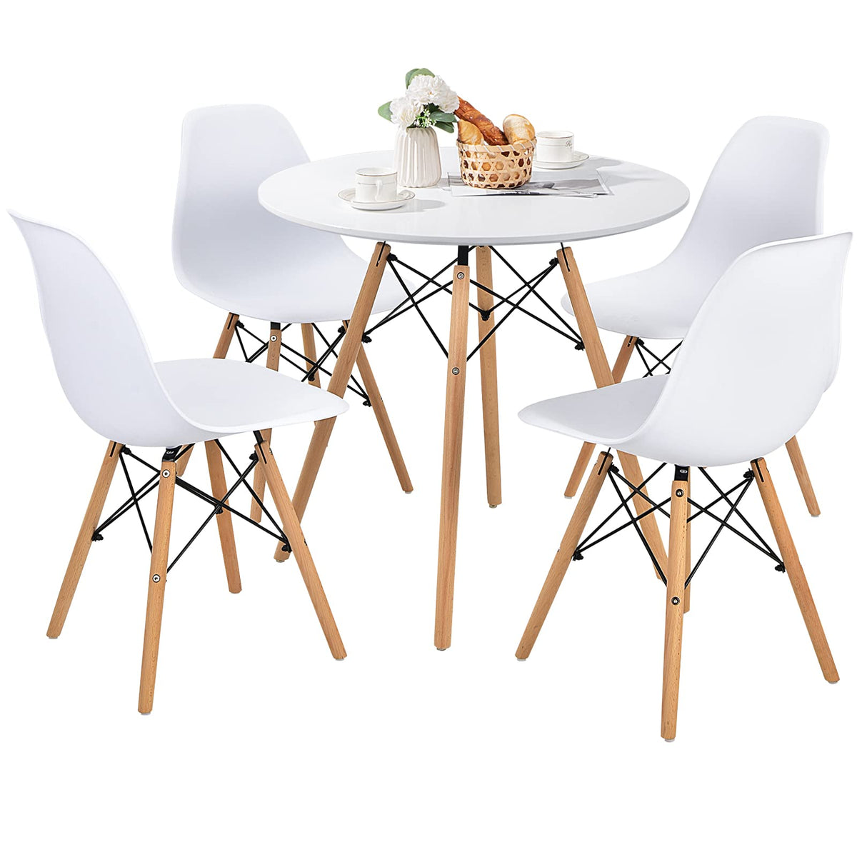 Giantex 5 PCS Dining Table Set, Modern Round Dining Table & 4 Chairs w/Solid Wood Leg, White