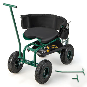 Rolling Garden Cart, Garden Scooter with Seat & Tool Storage, 2 Steering Handles