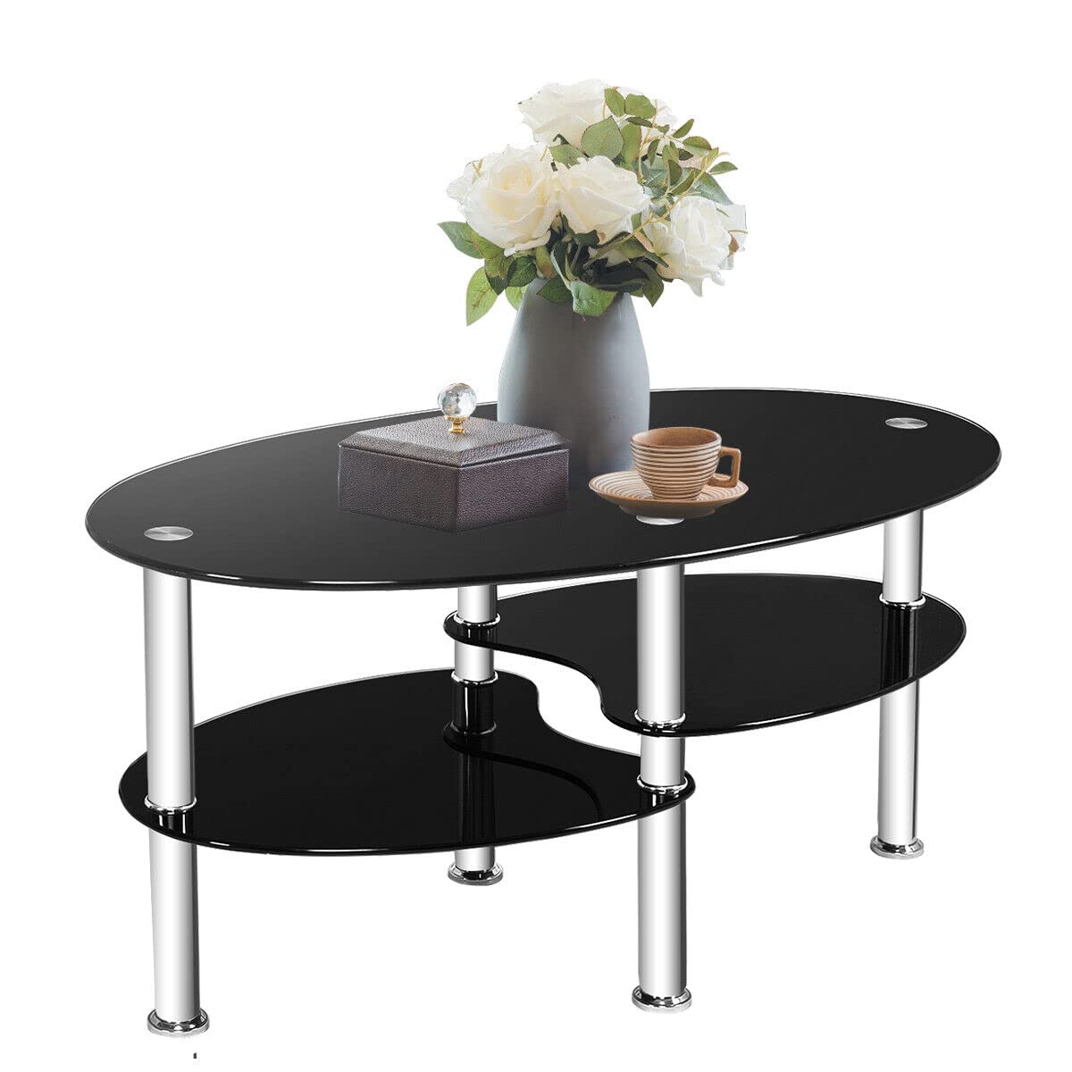 Giantex Tempered Glass Coffee Table, 3-Tire Modern Oval Tea Table, Smooth End Table with Open Storage Shelf