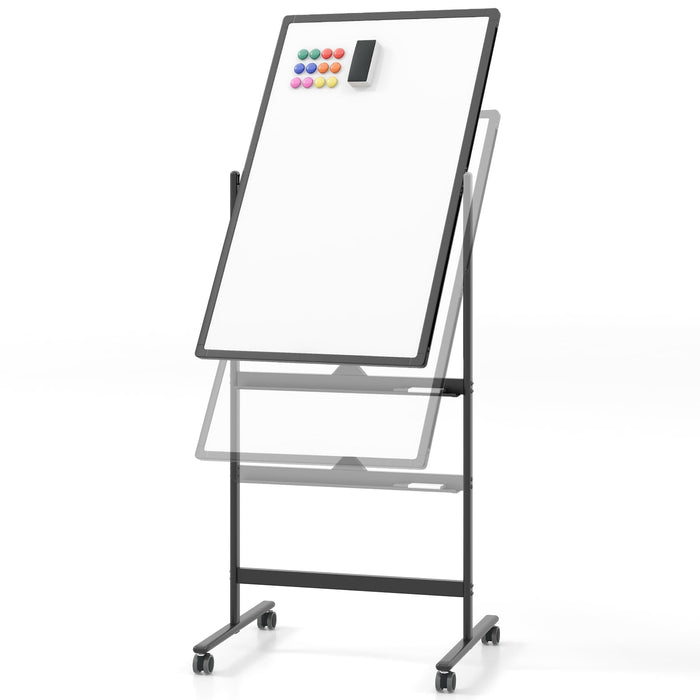 Mobile Magnetic Double-Sided Reversible Whiteboard, 360° Rolling Dry Erase Board w/Markers