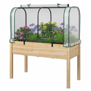 Wooden Raised Garden Bed w/ Sun-Protective PE Cover Elevated Planter Box w/ Legs