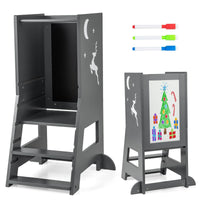 2 in 1 Wooden Kitchen Step Stop with Whiteboard & Blackboard, 3 Water-Based Pens