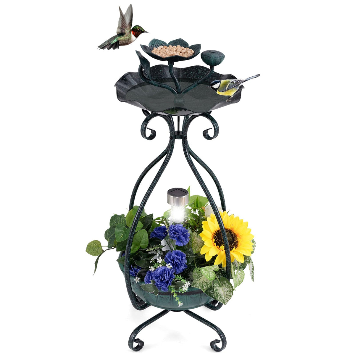 Solar Outdoor Bird Bath, Vintage Bird Bath & Feeder Combo