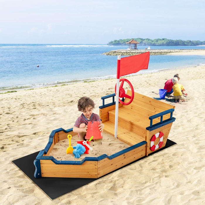 Wooden Sandbox, Large Pirate Ship Play Toy w/2-in-1 Storage Benches, Bottom Sand Protection