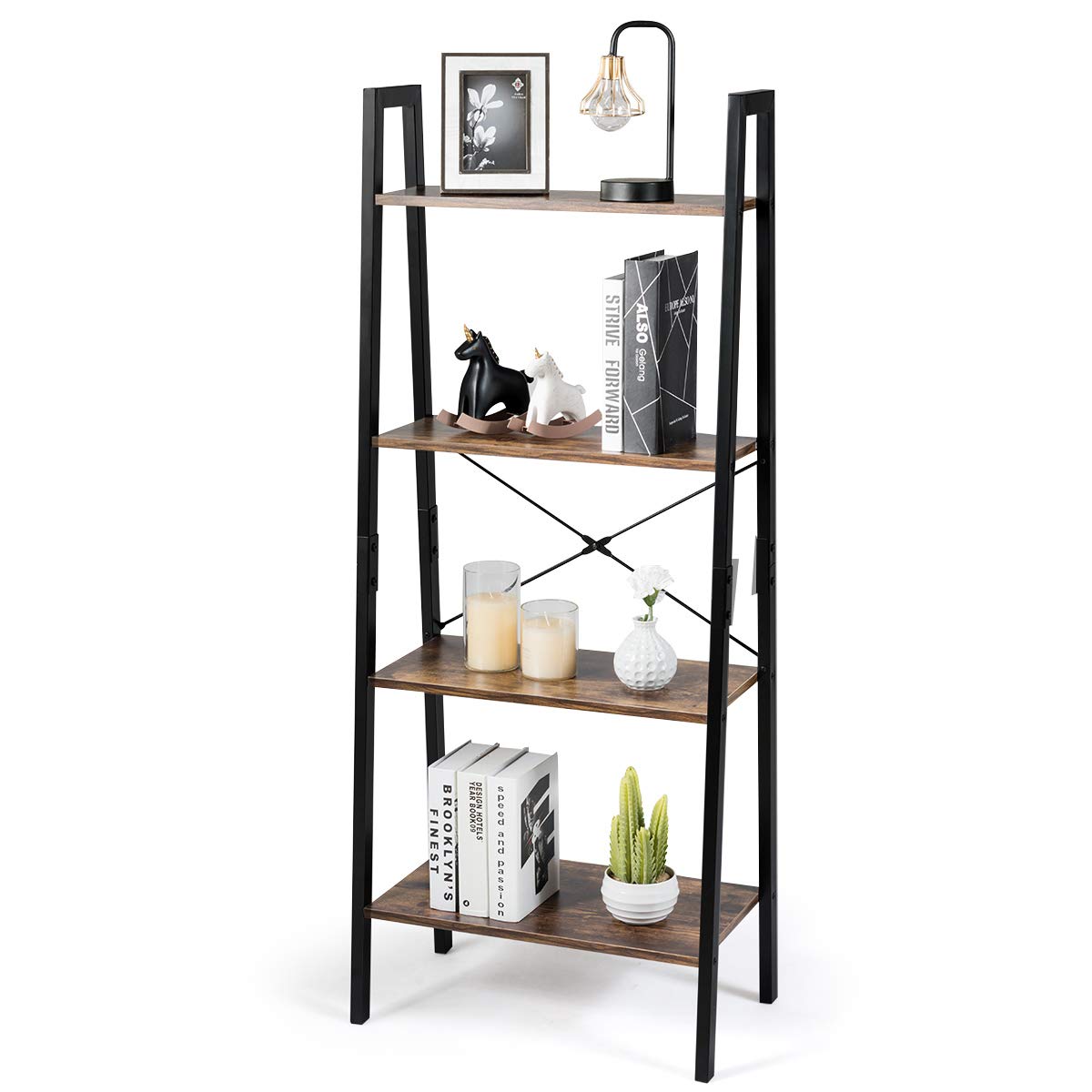 Giantex 4-Tier Ladder Bookshelf, Industrial Retro Storage Rack Bookcase, Display Rack, Plant Stand