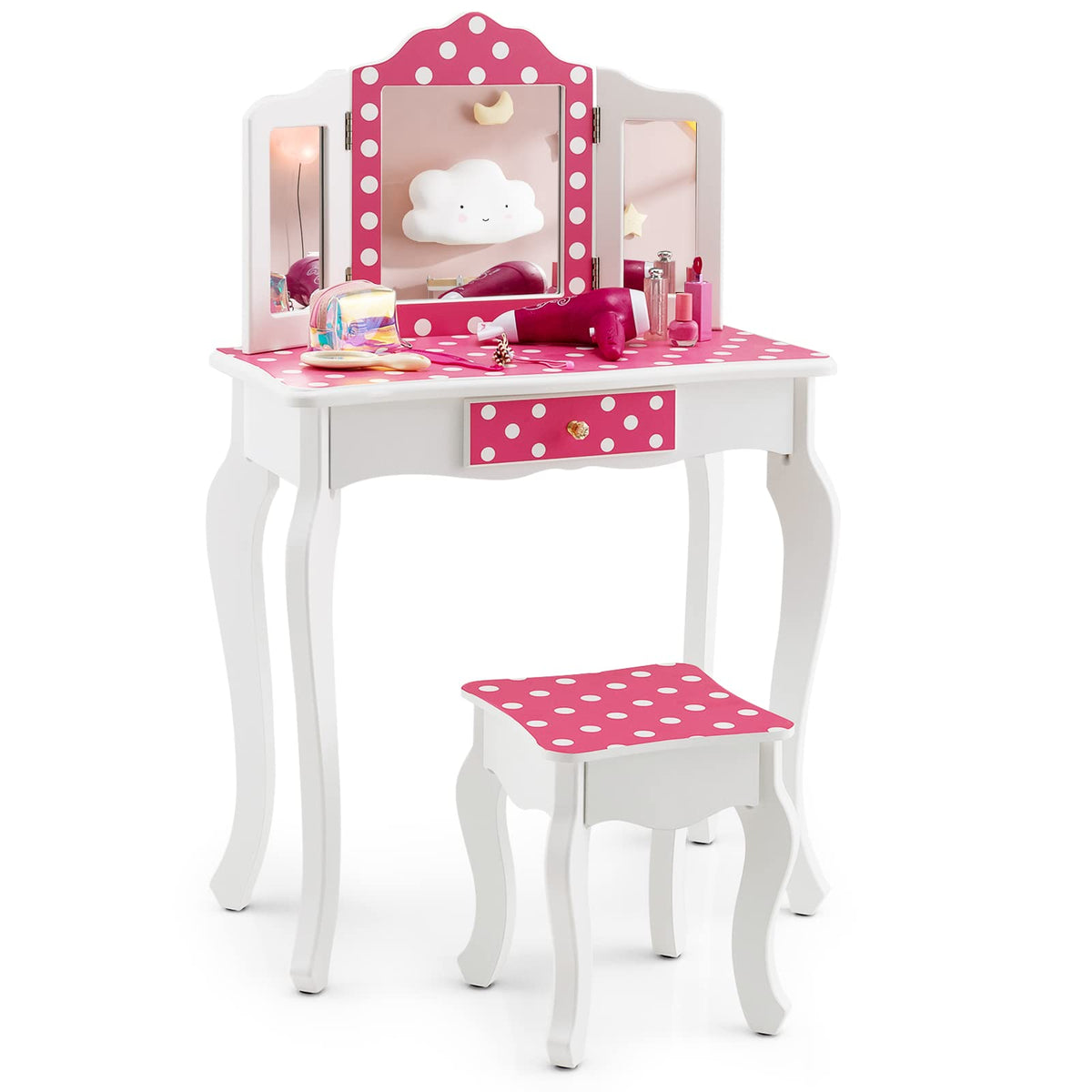 Kids Vanity Set with Tri-folding Mirror, Drawer and Stool