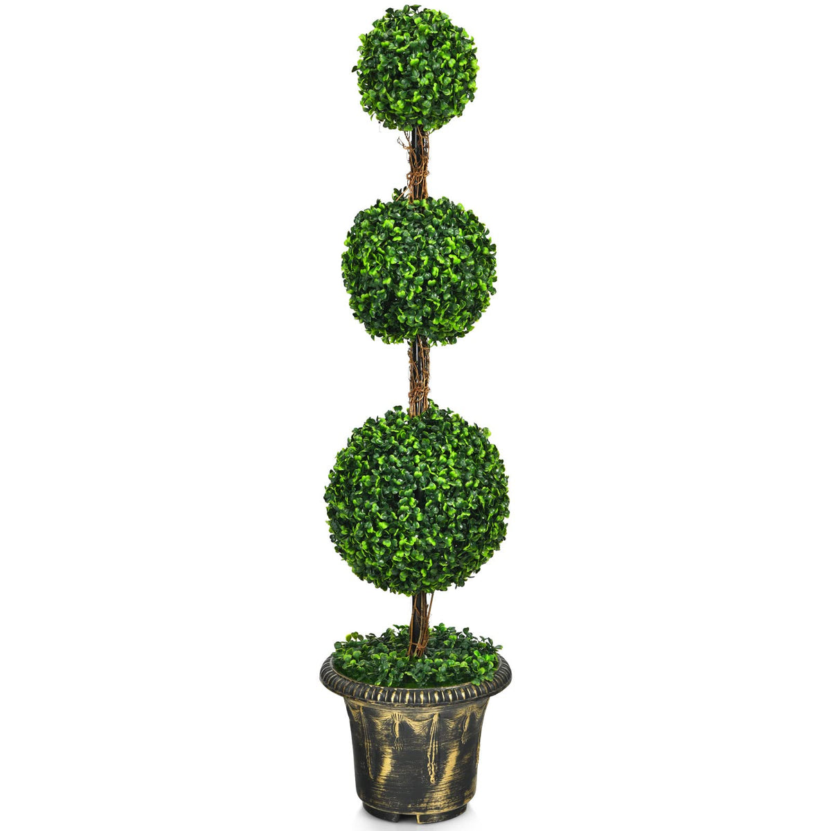 Giantex Topiary Artificial Tree, 120cm Triple Ball Tree w/UV & Water Protection, Cement-filled Pot, Real Wood Rattan