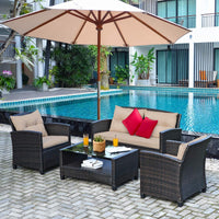 4 Pieces Outdoor Rattan Furniture Set, Patio Wicker Conversation Sofa w/Chairs, Tempered Glass Coffee Table & Soft Cushions