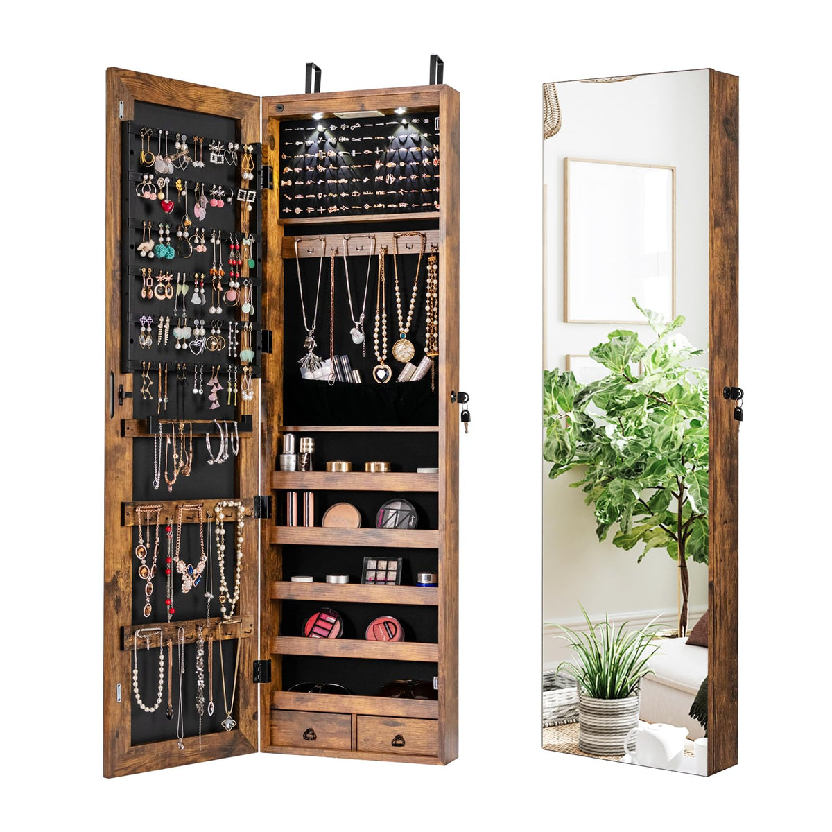 Mirror Jewelry Armoire, Wall Mounted/Over Door Jewelry Organizer