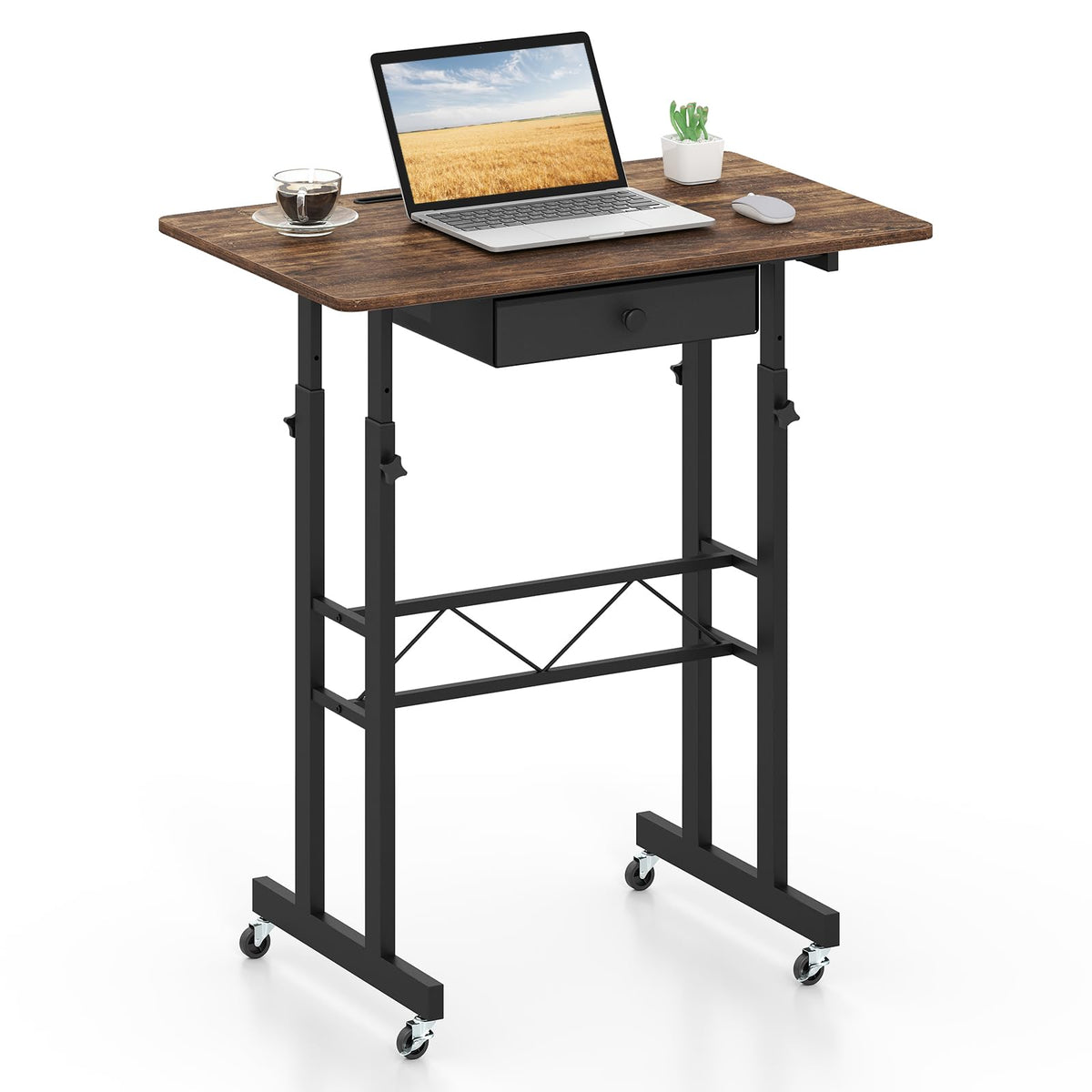 Standing Desk Height Adjustable with Fabric Drawer and Lockable Wheels