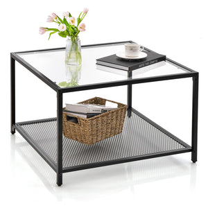 Giantex Glass Coffee Table with Storage, 70cm Modern 2-Tier Square Coffee Table with Mesh Shelf