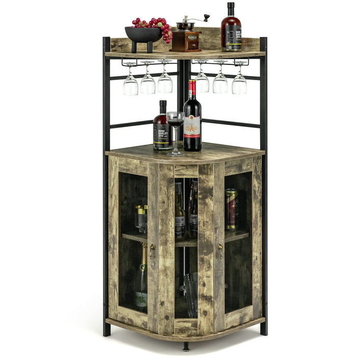 Giantex Corner Bar Cabinet with Glass Holder, Industrial Wine Cabinet with Metal Mesh Doors
