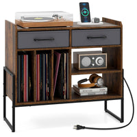 Large Record Player Stand with 2 Fabric Drawers and Adjustable Shelf for Living Room and Office