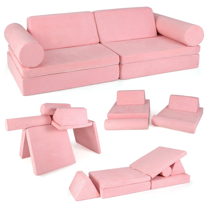 8 PCS Pink Kids Play Couch Convertible Sectional Floor Sofa for Creative DIY for Playroom