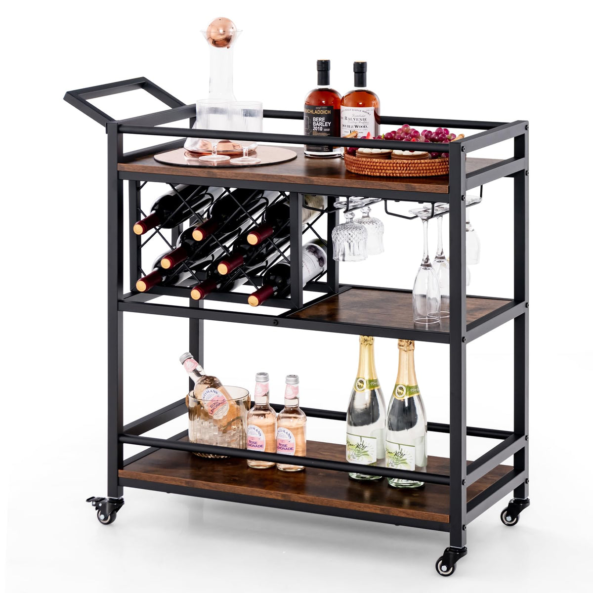 Giantex 3-Tier Bar Cart on Wheels Serving Cart w/Wine Rack & Glasses Holder